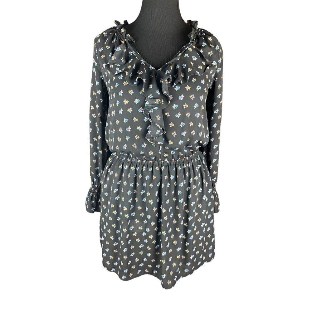 Gap small black dainty delicate flowers elastic waist flowy sheer sleeve dress
